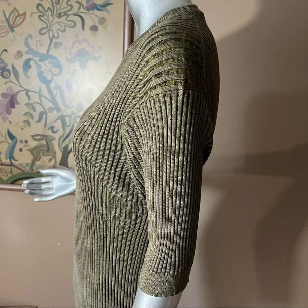 Baracuta 100% Silk Sweater Top Olive Green Ribbed Soft & Stretchy Size LARGE